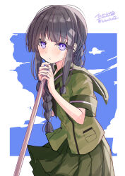  1girl absurdres black_hair black_neckerchief blue_sky blunt_bangs braid braid_over_shoulder clouds green_sailor_collar green_serafuku green_shirt green_skirt hair_over_shoulder highres hizaka kantai_collection kitakami_(kancolle) long_hair neckerchief one-hour_drawing_challenge pleated_skirt sailor_collar sailor_shirt school_uniform serafuku shirt single_braid skirt sky solo violet_eyes 
