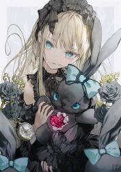  1girl aqua_eyes black_dress black_flower black_nails black_ribbon black_rose blonde_hair blue_bow bow braid commentary detached_sleeves dress flower frilled_dress frilled_sleeves frills gem gothic_lolita heart highres lolita_fashion long_hair looking_at_viewer maid_headdress nail_polish neck_ribbon needle needle_in_mouth negimapurinn original pocket_watch red_gem ribbon rose sewing_needle signature solo stuffed_animal stuffed_toy watch 