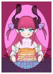  1girl :q absurdres asymmetrical_horns blue_eyes blush character_name commentary curled_horns detached_sleeves dragon_girl dragon_horns dress elizabeth_bathory_(fate) fate/grand_order fate_(series) finger_cots food fork highres holding holding_fork holding_knife horns knife long_hair looking_at_viewer pancake pancake_stack pink_hair plate pointy_ears ribbon shirofox66 smile solo spotlight tongue tongue_out two_side_up 