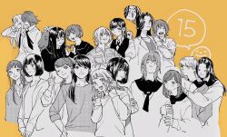  2dk_g_pen_mezamashidokei 6+girls ahoge anniversary arita_sakiko asano_minato black_yagi_to_gekiyaku_madeleine blush double_v fujimura_kaede grabbing_another's_arm hand_on_another's_shoulder harassment_ga_kowai_maki-senpai! heart heart_hands heart_hands_duo hello_melancholic! highres hug hug_from_behind inagaki_chika ishikawa_maki kazuki_nanami madeleine_(black_yagi_to_gekiyaku_madeleine) minami_nodoka monochrome multiple_girls one_eye_closed oosawa_yayoi partially_colored sasaki_(take_out_deki_masu_ga) smile sugawa_hibiki take_out_deki_masu_ga tanihara_yuuko tsujidou_aoi ueno_(take_out_deki_masu_ga) v v_arms yagi_(black_yagi_to_gekiyaku_madeleine) yellow_background 