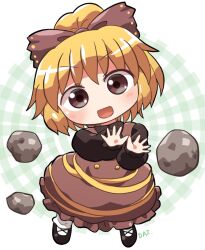  1girl :d black_shoes blonde_hair blush bow brown_bow brown_dress brown_eyes chibi chibi_only commentary_request dress full_body gingham_background green_background hair_bow kurodani_yamame long_sleeves looking_at_viewer open_mouth rock rokugou_daisuke shoes short_hair signature smile solo standing touhou v-shaped_eyebrows 