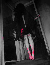  1girl barefoot black_dress black_hair black_nails blood blood_on_clothes blood_on_feet blood_on_hand colored_blood colored_skin dark doorway dress dutch_angle feet from_below full_body horror_(theme) indoors jmfenner91 knees long_hair looking_at_viewer monochrome night original pink_blood reflection solo spot_color standing surreal wide_sleeves 