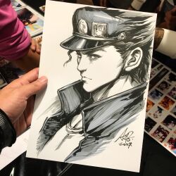  1boy 2017 art_tools_in_frame artist's_hand_in_frame closed_mouth commentary englishcommentary from_side hat highres jacket jojo_no_kimyou_na_bouken kujo_jotaro looking_at_viewer male_focus marker(medium) monochrome peaked_cap photo_(medium) short_hair signature sketch solo stanley_lau traditional_media 