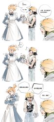  1boy 1girl 1other ^^^ aihara-rina anger_vein apron ash_ketchum bento black_bow black_bowtie black_hair black_tank_top blue_dress blue_pants blush bow bowtie chinese_commentary chinese_text commentary_request crossed_arms denim dress embarrassed hand_on_own_hip hard_hat helmet high_side_ponytail highres holding holding_bento jeans long_sleeves looking_at_another maid maid_apron maid_headdress misty_(pokemon) open_mouth orange_hair pants pokemon pokemon_(anime) pokemon_(classic_anime) puffy_long_sleeves puffy_sleeves short_hair side_ponytail simple_background speech_bubble surprised sweatdrop tank_top towel towel_around_neck translation_request tsundere white_apron white_background 