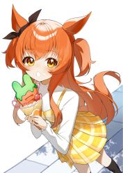  1girl animal_ears belt black_socks blush commentary_request crepe dress ear_ribbon food hair_between_eyes highres holding holding_crepe holding_food horse_ears horse_girl horse_tail jewelry long_hair long_sleeves looking_at_viewer mayano_top_gun_(casual)_(umamusume) mayano_top_gun_(umamusume) open_mouth orange_eyes orange_hair plaid_clothes plaid_dress reirou_(chokoonnpu) shirt skirt socks solo tail two_side_up umamusume vest white_shirt yellow_skirt yellow_vest 