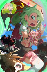 3girls 666hidemoonbird angels_of_delusion aria_(robot)_(zenless_zone_zero) aria_(zenless_zone_zero) arm_warmers bag black_hair black_sclera blush bow colored_inner_hair colored_sclera day earrings green_bow green_eyes green_hair hair_bow hair_ornament hairclip halo happy_birthday highres humanoid_robot jewelry joints looking_at_viewer multicolored_hair multiple_girls multiple_hairclips musical_note_earrings nangong_yu necktie open_clothes open_mouth outdoors pink_arm_warmers pink_bag pink_hair red_eyes red_necktie robot robot_girl robot_joints scar scar_on_back scared shirt skirt striped_arm_warmers sunna_(zenless_zone_zero) twintails white_shirt white_wings winged_bag wings zenless_zone_zero 