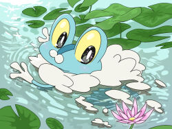  black_eyes blush bright_pupils closed_mouth colored_sclera froakie lily_pad no_humans pokemon pokemon_(creature) ripples runachikku solo swimming water white_pupils yellow_sclera 