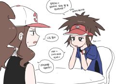  1boy 1girl black_eyes black_vest blue_jacket bright_pupils brown_hair chair commentary_request ddakji_0025 frown grey_eyes hands_up hat head_rest highres hilda_(pokemon) jacket korean_commentary korean_text long_hair medium_hair nate_(pokemon) open_mouth pokemon pokemon_black_2_and_white_2 pokemon_black_and_white sidelocks sitting speech_bubble sweatdrop table translation_request vest visor_cap white_background white_hat white_pupils xtransceiver 