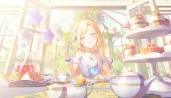  1girl ^_^ alternate_hair_length_(longer) balloon bare_shoulders blonde_hair breasts closed_eyes closed_mouth collarbone colorful_palette cup dot_nose dress earrings eating fingernails food fruit fruit_tart game_asset hair_bun hand_up happy highres holding holding_spoon ice_cream jewelry juice kimi_no_tonari_kimi_to_miru_ashita_(project_sekai) light_blush long_hair off-shoulder_dress off_shoulder official_alternate_costume official_alternate_hairstyle official_art one_side_up open_window parted_bangs pom_pom_(clothes) pom_pom_earrings project_sekai sandwich scrunchie see-through_clothes see-through_wrist_cuffs small_breasts solo spoon star_(symbol) star_balloon strawberry_sandwich tart_(food) teacup teapot tenma_saki third-party_source tiramisu white_dress white_scrunchie white_wrist_cuffs window wrist_cuffs 