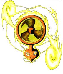  arutarufu aura commentary_request full_body looking_at_viewer no_humans pokemon pokemon_(creature) pokemon_focus rotom rotom_(fan) simple_background solo white_background yellow_eyes 