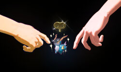  black_background cobalion coldsteam commentary_request hand_focus highres horns outline pink_outline pokemon pokemon_(creature) pokemon_focus pokemon_rumble pokemon_rumble_blast simple_background sparkle winding_key yellow_eyes 