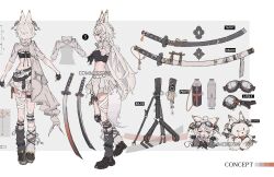  1girl animal_ears asymmetrical_legwear black_jacket black_shirt black_shoes black_socks bottle chibi chibi_inset commentary_request commission cropped_shirt fox_ears fox_girl fox_tail full_body goggles goggles_on_head highres jacket leg_wrap long_hair multiple_views off_shoulder open_clothes open_jacket paredo red_eyes reference_sheet scabbard sheath shirt shoes skirt socks stuffed_toy sword tail very_long_hair water_bottle weapon white_hair white_skirt white_socks 