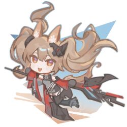  1girl :d angelina_(arknights) animal_ears arknights arknights:_endfield black_gloves black_thighhighs brown_hair bu_bu_bu_bu_(xhs_26267653452) chinese_commentary commentary_request deformed diamond-shaped_pupils diamond_(shape) dot_nose double-parted_bangs dress floating_hair fox_ears fox_girl gilberta_(arknights) gloves grey_dress hair_between_eyes headgear highres jacket long_hair long_sleeves looking_at_viewer off_shoulder open_clothes open_jacket red_eyes red_jacket simple_background sleeveless sleeveless_dress smile solo staff symbol-shaped_pupils thigh-highs twintails white_background 