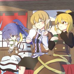  3girls :t arm_warmers black_bow black_dress black_shirt blonde_hair blue_eyes blue_hair blush bow brown_dress brown_shirt closed_eyes closed_mouth commentary_request cup dango dress eating feet_out_of_frame food hair_bow hair_bun high_ponytail holding holding_cup kurodani_yamame kyacchi0229 long_hair long_sleeves looking_at_another miyadeguchi_mizuchi mizuhashi_parsee multiple_girls pinafore_dress pointy_ears ponytail ribbon sash scarf sharp_teeth shirt short_hair short_sleeves shouji single_hair_bun sitting skirt sleeveless sleeveless_dress sliding_doors smile striped_clothes striped_shirt striped_skirt teeth touhou wagashi white_sash white_scarf white_shirt white_skirt yellow_eyes yellow_ribbon yunomi 