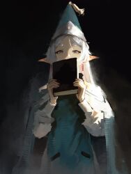  1girl absurdres aqua_cloak aqua_hat book cloak commentary conical_hat covering_own_mouth doremy earrings elf english_commentary frieren green_eyes grey_hair hat hat_tassel highres holding holding_book jewelry looking_at_viewer parted_bangs pointy_ears qifrey's_atelier_apprentice_uniform solo sousou_no_frieren thick_eyebrows tongari_boushi_no_atelier wizard_hat 