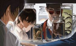  2boys bird black_eyes black_hair blue_coat blue_jacket bottle coat collared_shirt commentary_request frog gubo_(project_moon) highres icco_ho jacket jar lapels limbus_company male_focus multiple_boys necktie project_moon red-tinted_eyewear red_necktie reflection shirt short_hair snake sunglasses tentacles tinted_eyewear white_shirt yi_sang_(project_moon) 