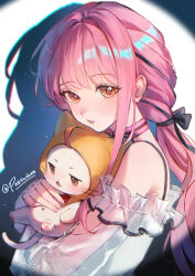  1girl absurdres ahoge animal annoyed black_bow black_ribbon bow bow_choker bowtie bra_strap brown_eyes cat choker cloak clothed_animal commentary dot_nose ear_covers expressionless eyelashes eyes_visible_through_hair fingernails frilled_shirt frills frown hair_bow hair_ribbon head_rest highres holding holding_animal holding_cat hood hood_up hooded_cloak infinity_nikki light_blush light_particles long_hair long_sidelocks long_sleeves looking_ahead low_twintails momo_(nikki) nikki_(nikki) nikki_(series) off-shoulder_shirt off_shoulder open_mouth parted_lips parunchaa pawpads perfect_start_(infinity_nikki) pink_bow pink_bowtie pink_choker pink_hair print_sleeves puffy_long_sleeves puffy_sleeves red_bow red_bowtie ribbon see-through_clothes see-through_sleeves shadow shirt sidelocks signature single_stripe snowflake_print striped_bow striped_bowtie striped_choker striped_clothes traditional_bowtie tress_ribbon twintails untranslatable_commentary upper_body very_long_hair vignetting whiskers white_background white_cat white_shirt x_navel yellow_cloak 