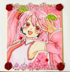  1girl commentary_request detached_sleeves hand_up hatsune_miku highres komori_kamome long_hair long_sleeves looking_at_viewer marker_(medium) open_mouth pink_hair sakura_miku shikishi shirt sleeveless sleeveless_shirt smile solo traditional_media twintails upper_body vocaloid 