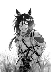  1girl :d ^_^ animal_ears blush closed_eyes collared_shirt cowboy_shot dot_nose ear_covers feather_hair_ornament feathers film_canister gloves goggles goggles_around_neck grass greyscale hair_between_eyes hair_ornament hands_on_own_stomach highres horse_ears horse_girl knife_sheath kumunatsu laughing long_hair low_ponytail monochrome multicolored_hair open_clothes pants ponytail raised_eyebrow sheath shirt smile solo stay_gold_(sunlit_outsider)_(umamusume) stay_gold_(umamusume) streaked_hair tall_grass teeth tongue torn_clothes torn_pants torn_sleeves umamusume white_background wrist_belt 