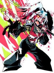  1girl angry arm_warmers blood blood_on_clothes glowing glowing_eyes green_arm_warmers green_pants highres holding holding_sword holding_weapon matcha_smith open_mouth ozigiri pants prosthesis prosthetic_arm rabbit_hairstyle red_shirt shirt shoes sneakers solo sword weapon white_hair white_shoes yellow_eyes 