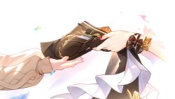  2girls absurdres aiguillette bad_link black_coat bracelet brown_sweater cable_knit coat game_asset gold_bracelet highres himeko_(honkai:_star_rail) himeko_(young)_(honkai:_star_rail) holding holding_coat holding_unworn_clothes honkai:_star_rail honkai_(series) jewelry multiple_girls nail_polish official_art red_nails scrunchie simple_background spoilers sweater unworn_coat white_background wrist_scrunchie 