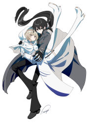  2girls absurdres belt belt_buckle black_gloves black_hair black_pants black_shirt black_shoes boots brown_eyes brown_hair buckle capelet commentary_request floating_hair gloves grey_belt grey_jacket grey_shirt highres holding_hands hood hood_up hooded_capelet interlocked_fingers jacket long_hair long_legs low_ponytail multiple_girls original pants piripun ponytail shirt shoes shorts signature simple_background thigh_boots very_long_hair white_background white_boots white_capelet white_gloves white_jacket white_shorts 