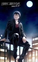  1boy balcony black_hair black_jacket black_pants black_shoes building city closed_eyes clouds commentary_request domo_(domo_kizusuki) full_body grey_eyes hair_slicked_back hand_on_railing happy_birthday highres jacket male_focus mob_psycho_100 moon night on_railing outdoors pants railing red_shirt scenery shimazaki_ryo shirt shoes short_hair sitting sky star_(sky) 