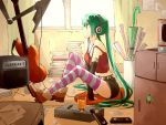  amplifier belt book curtains elbow_gloves glass gloves green_eyes green_hair guitar hatsune_miku headphones instrument long_hair n_i_n_o paper shoes shorts sitting solo strap_slip striped striped_legwear striped_thighhighs thigh-highs thighhighs twintails very_long_hair videocasette videotape vocaloid window 