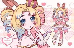  1girl :3 ;3 animal_ear_fluff animal_ears asymmetrical_legwear balloon0903 bare_shoulders blonde_hair blue_eyes blue_hair blue_streaks blush blush_stickers bow character_request collarbone commentary_request commission copyright_request crown detached_sleeves dress drill_hair eyelashes finger_to_cheek footwear_bow full_body heart highres long_sleeves medium_hair mini_crown mismatched_legwear multicolored_hair multiple_views one_eye_closed pink_bow pink_dress pink_hair pink_streaks rabbit_ears rabbit_girl shoes shorts shorts_under_dress skeb_commission streaked_hair twin_drills twitter_username white_shoes white_shorts 