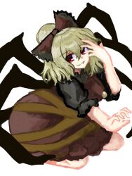  1girl arthropod_girl arthropod_limbs blonde_hair bow brown_dress dress full_body hair_bow kato_tog kneeling kurodani_yamame looking_at_viewer medium_hair red_eyes short_hair short_sleeves simple_background sitting smile solo spider_girl touhou white_background 
