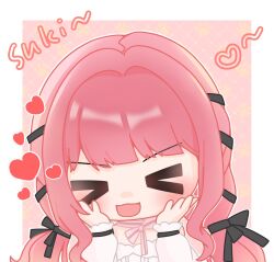  >_< 1girl argyle_background bare_shoulders black_bow black_ribbon border bow bow_choker bowtie center_frills chibi chinese_commentary choker commentary_request excited frilled_shirt frilled_sleeves frills hair_bow hair_intakes hair_ribbon hands_on_own_cheeks hands_on_own_face happy heart highres infinity_nikki light_blush long_hair long_sleeves low_twintails nikki_(nikki) nikki_(series) off-shoulder_shirt off_shoulder open_mouth outline outside_border paw_print paw_print_background perfect_start_(infinity_nikki) pink_background pink_bow pink_bowtie pink_choker pink_hair puffy_long_sleeves puffy_sleeves ribbon shirt sidelocks single_stripe sleeves_past_wrists smile solo striped_bow striped_bowtie striped_choker striped_clothes tengjingshu85546 tress_ribbon twintails upper_body variant_set very_long_hair wavy_hair white_border white_outline white_shirt 