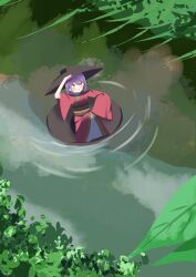  1girl absurdres blush bowl bowl_hat brown_hat brown_sash commentary_request gasubanana hand_on_headwear hat highres japanese_clothes kimono long_sleeves medium_hair mini_person minigirl obi open_mouth outdoors purple_hair red_kimono reflection reflective_liquid ripples sash sitting smile solo sukuna_shinmyoumaru touhou water wide_sleeves 