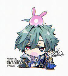  1boy ahoge aqua_eyes aqua_hair armor artist_name blowing_bubble_gum blue_cape blue_coat blue_shirt cape chewing_gum chibi chibi_only closed_mouth coat collared_shirt cropped_torso crossed_bangs earrings expressionless genshin_impact gold_trim hair_between_eyes hair_intakes jewelry jitome lapels lohen_(genshin_impact) lowres male_focus mole mole_under_eye multicolored_eyes naho_(pi988y) on_head open_clothes open_coat pauldrons red_eyes seelie_(genshin_impact) shirt short_hair shoulder_armor signature simple_background single_earring single_pauldron solo twitter_username upper_body watermark white_background white_shirt wing_collar 