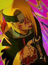  1boy akatsuki_uniform asymmetrical_bangs black_eyeliner black_nails blonde_hair blood blood_on_face blood_on_hand deidara_(naruto) dutch_angle eyeliner fishnet_top fishnets forehead_protector hair_over_one_eye high_ponytail highres kunai long_hair looking_at_viewer makeup male_focus naruto_(series) naruto_shippuuden ponytail syabo tongue tongue_out weapon 