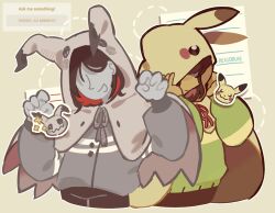  2others alternate_color brown_hair colored_skin cosplay crossover deltarune double_horizontal_stripe east-west_crossover fan_request green_sweater grey_skin grey_sweater kris_(deltarune) mimikyu mimikyu_(cosplay) multiple_others other_with_other pikachu pikachu_(cosplay) pokemon_(creature) reigobun shaded_face shiny_pokemon striped_clothes striped_sweater sweater utdr_(toby_fox) vessel_(deltarune) 