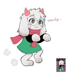  1boy absurdres blush closed_mouth commentary deltarune english_commentary english_text fangs floppy_ears furry furry_male green_robe highres horns looking_to_the_side pink_horns pink_scarf ralsei reference_inset robe round_eyewear scarf skin_fangs sneaking sweatdrop utdr_(toby_fox) white_fur yeti_neve 