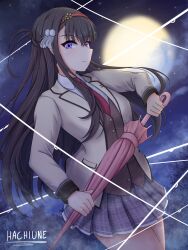  1girl artist_name black_hair braid brown_vest closed_mouth clouds collared_shirt commentary cowboy_shot dutch_angle eyelashes eyes_visible_through_hair fighting_stance frown full_moon grey_skirt hachiune hair_between_eyes hair_ornament hairband half_up_braid highres holding holding_umbrella hydrokinesis jacket kikka_academy_school_uniform long_hair long_sleeves looking_at_viewer miniskirt moon necktie night nijouin_hazuki open_clothes open_jacket outdoors pink_umbrella plaid_clothes plaid_skirt pleated_skirt red_hairband red_necktie riddle_joker school_uniform serious shirt sidelocks skirt sky solo straight_hair tassel tassel_hair_ornament umbrella very_long_hair vest violet_eyes water water_drop white_shirt yellow_jacket 