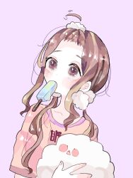  1girl blush brown_eyes brown_hair commentary commentary_request food grey_background hair_ornament hanamaki_hanarou holding ice_cream long_hair mahou_shoujo_ikusei_keikaku mahou_shoujo_ikusei_keikaku_unmarked melting_popsicle nemurin sanjou_nemu shirt untranslatable_commentary 