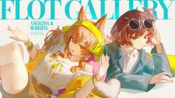  2girls absurdres angelina_(arknights) animal_ear_fluff animal_ears arknights brown_eyes brown_hair brown_shorts character_name collared_shirt commentary commission eyewear_on_head fingernails glasses grey_jacket hair_between_eyes hairband hand_in_own_hair hand_on_own_head heart highres jacket long_hair long_sleeves looking_at_viewer multiple_girls nikov off_shoulder open_collar open_mouth orange_eyes roberta_(arknights) round_eyewear shirt short_hair shorts smile vgen_commission watermark white_shirt yellow_hairband 
