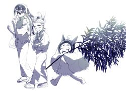 1boy 1girl absurdres bag blush brother_and_sister candy_apple carmine_(pokemon) closed_eyes crossed_arms crossed_bangs eyelashes fangs food hair_between_eyes hairband highres holding holding_candy_apple holding_food japanese_clothes kieran_(pokemon) long_hair mole mole_on_neck mole_under_eye monochrome multicolored_hair ogerpon open_mouth pokemon pokemon_(creature) pokemon_scarlet_and_violet sa_(gtep5825) siblings simple_background 