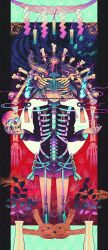  1girl akiakane animal_skeleton aqua_rope bird_skeleton biting black_jacket bleeding blood blood_from_eyes blood_in_hair blood_on_face blue_background blue_fire blue_hair bone bone_hair_ornament bottle bow candle chest_harness cloud_print colored_blood colored_smoke colorful commentary dancing fire fish_skeleton floating_candle flower full_moon ghost gradient_hair green_background grey_eyes hair_between_eyes hair_ornament harness highres holding holding_skull jacket long_sleeves moon multicolored_eyes multicolored_hair neon_palette ofuda original pile_of_skulls pillarboxed pink_blood pink_bow pink_eyes pink_fire pink_rope plant potted_plant print_jacket print_shorts purple_shorts red_background ribs rope saturated short_hair shorts skeleton skull smoke solo spine standing tassel untranslatable_commentary wrist_cuffs xiangyun 