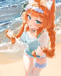  1girl absurdres animal_ear_fluff animal_ears aqua_one-piece_swimsuit blue_archive blue_eyes braid breasts cat_ears collarbone covered_navel frilled_one-piece_swimsuit frilled_thigh_strap frills grabbing_own_hair highres holding_own_hair long_sleeves looking_at_viewer mari_(blue_archive) mari_(c108_swimsuit)_(blue_archive) nnintch_(mintchoco) ocean official_alternate_costume official_alternate_hairstyle one-piece_swimsuit open_mouth orange_hair sand see-through_clothes see-through_sleeves sidelocks small_breasts solo swimsuit thigh_strap twin_braids upper_body 
