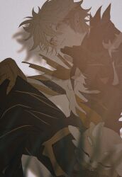  1boy animal_ears animal_nose animalization armor artist_name black_bodysuit black_cape blonde_hair blush bodysuit cape chimera_(honkai:_star_rail) closed_eyes closed_mouth commentary cracked_skin creature crossed_legs eyes_visible_through_hair feet_out_of_frame gauntlets grey_fur hair_between_eyes hand_on_own_knee hand_up highres honkai:_star_rail honkai_(series) horns long_hair_between_eyes looking_at_viewer male_focus otter_ears pauldrons person_and_animalization phainon_(honkai:_star_rail) phainon_(khaslana)_(honkai:_star_rail) phainon_(vigethos)_(honkai:_star_rail) shadow short_hair shoulder_armor single_gauntlet single_pauldron sitting sleeping untranslatable_commentary watermark white_background y9iii1 yellow_eyes 