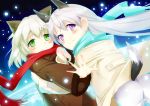  animal_ears ass bad_proportions blush cat_ears coat earth eila_ilmatar_juutilainen fox_ears fox_tail green_eyes hand_holding holding_hands hug long_hair multiple_girls pantyhose purple_eyes sanya_v_litvyak satou_tomohiro scarf short_hair silver_hair smile space strike_witches tail violet_eyes white_hair white_legwear white_pantyhose 