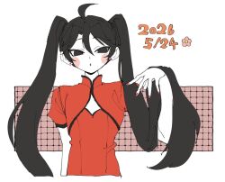  1boy 2026 bifuteki_(bi_futeki) black_eyes black_hair center_opening china_dress chinese_clothes dated dress hand_up highres long_hair male_focus original red_dress solo trap twintails upper_body very_long_hair white_background 