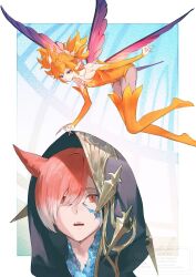  1boy 1other achiki animal_ears bare_shoulders black_robe boots cat_boy cat_ears commentary_request crystal crystal_exarch crystallization facial_mark fairy fairy_wings feo_ul final_fantasy final_fantasy_xiv fingernails g'raha_tia highres holding hood hood_up hooded_robe insect_wings looking_at_another material_growth miqo'te multicolored_hair open_mouth orange_hair pixie_(ff14) pointy_ears red_eyes red_hair robe sharp_fingernails short_hair short_twintails smile thigh_boots twintails wings 