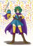  cape circlet cosplay curly_hair detached_sleeves dragon_quest dragon_quest_iii dragon_quest_iv dress gloves green_hair hands_on_hips heroine_(dq4) hoimi_slime nao_(moji) purple_eyes roto roto_(cosplay) roto_cosplay short_hair sword thigh-highs thighhighs violet_eyes weapon zettai_ryouiki 