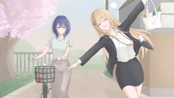  2girls :d ^_^ absurdres adachi_sakura adachi_to_shimamura aged_up airplane_arms bag bicycle black_jacket black_skirt blonde_hair blue_hair cherry_blossoms closed_eyes closed_mouth collared_shirt commentary crew_neck day double-parted_bangs food gen_(pixiv_108246945) green_eyes grey_pants grey_shirt hair_ornament hairclip highres holding holding_bag jacket lanyard layered_sleeves long_hair long_sleeves looking_at_another medium_hair miniskirt multiple_girls office_lady open_clothes open_jacket open_mouth outdoors outstretched_arms pants parallel_hairclips parted_bangs pencil_skirt pushing_bicycle shimamura_hougetsu shirt shirt_tucked_in short_sleeves skirt smile spread_arms spring_(season) straight_hair suit_jacket tree untranslatable_commentary very_long_hair walking white_bag white_shirt 