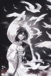  1girl absurdres animal bird chinese_commentary closed_mouth commentary_request cowboy_shot dual_persona fingernails flower greyscale hair_over_one_eye highres holding holding_animal holding_bird japanese_clothes kimono long_sleeves looking_at_viewer monochrome nai_gai_hongcha one_eye_covered sailor_collar school_uniform serafuku sharp_fingernails shimizu_hinako shiromuku_(silent_hill) silent_hill_(series) silent_hill_f smile solo spoilers standing torn_clothes transformation uchikake white_bird 