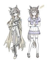  1girl animal_ears black_boots black_gloves black_hair black_pants boots bow bowtie brown_eyes brown_hair closed_eyes closed_mouth coat ear_covers gloves goggles goggles_around_neck hair_between_eyes horse_ears horse_girl horse_tail laughing long_hair lung_(ro22ng) multicolored_hair open_mouth pants pleated_skirt puffy_short_sleeves puffy_sleeves purple_bow purple_bowtie purple_shirt sailor_collar sailor_shirt school_uniform shirt short_sleeves simple_background skirt smile stay_gold_(sunlit_outsider)_(umamusume) stay_gold_(umamusume) tail thigh-highs tracen_school_uniform umamusume white_hair white_sailor_collar white_shirt white_skirt white_thighhighs yellow_coat 